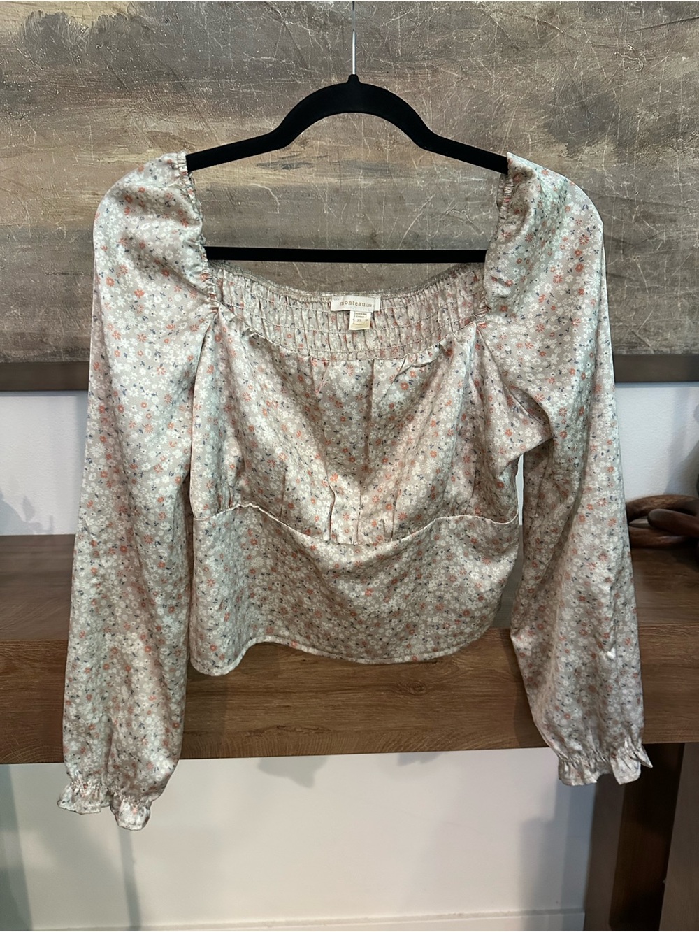 Monteau Cream Floral Square-Neck Puff Sleeve Blouse